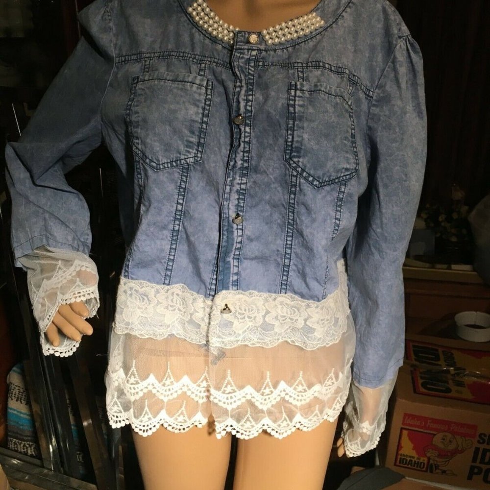 DENIM JEAN JACKET LADIES LACE DESIGN SIZE XXXL - Picture 1 of 5